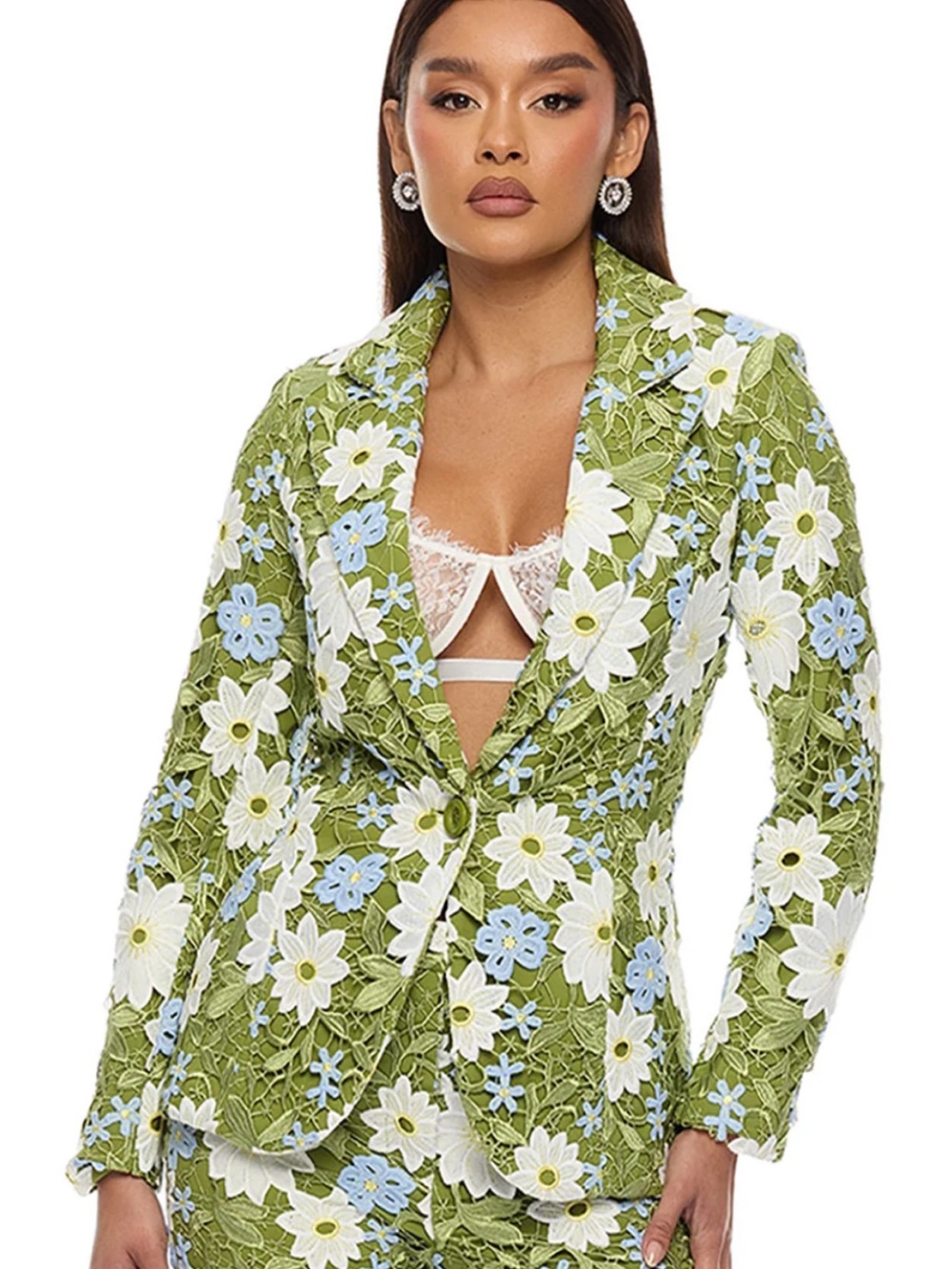 Floral Embroidered Green Lace Blazer - Women's Jacket